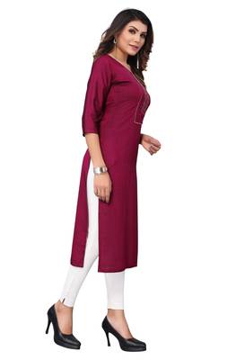 Burgundy Embroidered Poly Cotton Straight Women's Kurta. 3