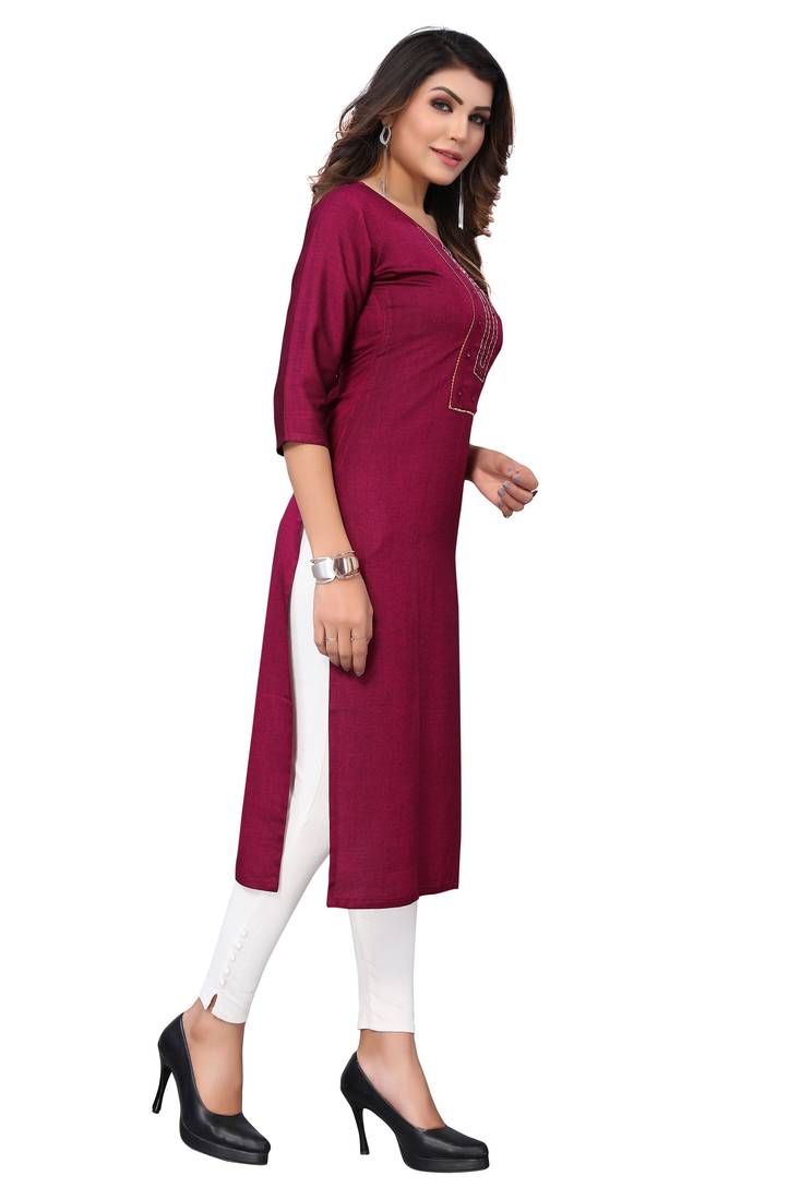 Burgundy Embroidered Poly Cotton Straight Women's Kurta.