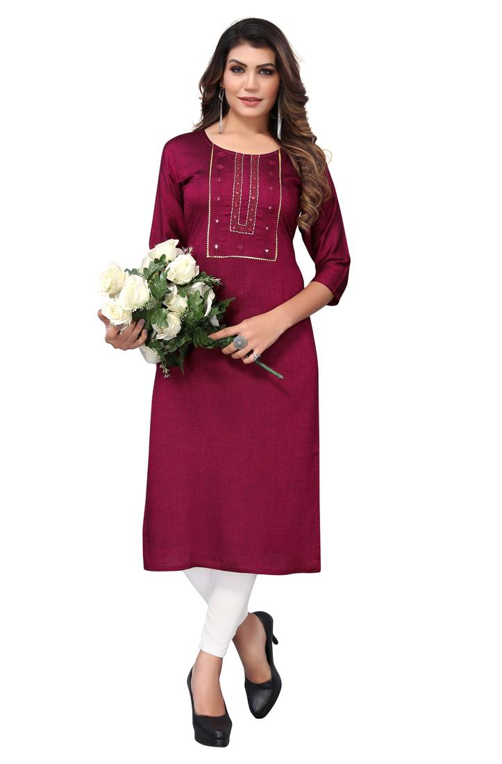 Burgundy Embroidered Poly Cotton Straight Women's Kurta.