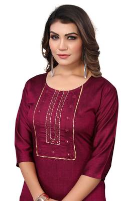 Burgundy Embroidered Poly Cotton Straight Women's Kurta. 5