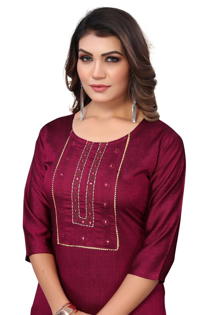 Burgundy Embroidered Poly Cotton Straight Women's Kurta.
