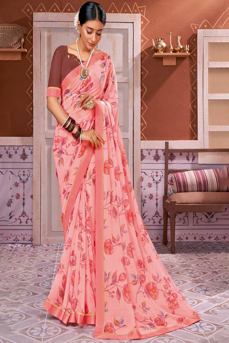 Light Salmon Georgette Printed Saree With Blouse