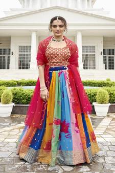 MULTI COLOR PARTY WEAR GEORGETTE LEHENGA CHOLI WITH SEQUENCE WORK