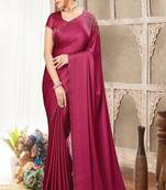 Dark Rose Satin Printed Saree With Blouse