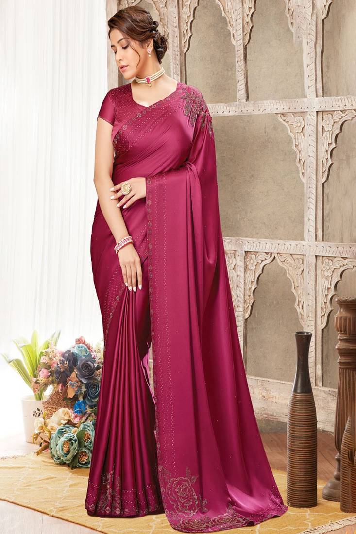 Dark Rose Satin Printed Saree With Blouse