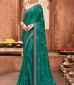 Teal Chiffon Printed Saree With Blouse
