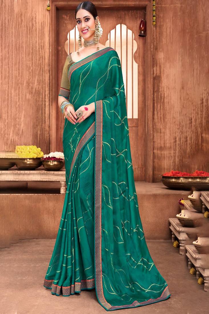 Teal Chiffon Printed Saree With Blouse