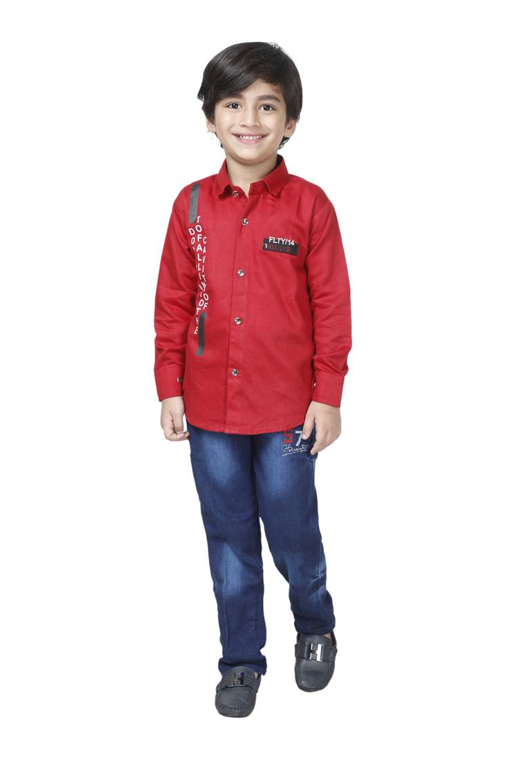 Red printed cotton boys-kurta-pyjama