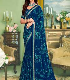 Blue Pure Chiffon Block Print Saree with Blouse