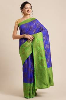 Blue woven dupion silk saree with blouse