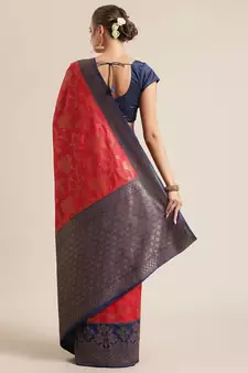 Red woven dupion silk saree with blouse