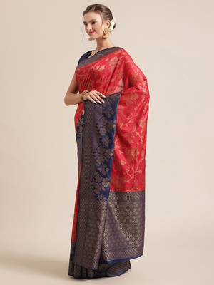 Red woven dupion silk saree with blouse 3