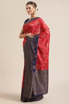 Red woven dupion silk saree with blouse
