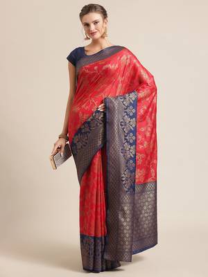 Red woven dupion silk saree with blouse 4