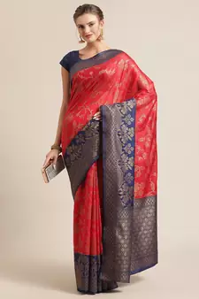 Red woven dupion silk saree with blouse