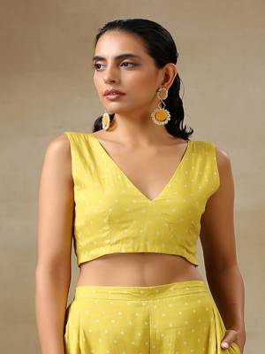 Lime Green Bandhani Printed Silk Sleeveless Blouse 1