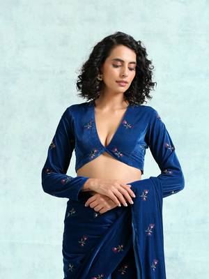 Blue Velvet Embroidered V-Neck Blouse 1