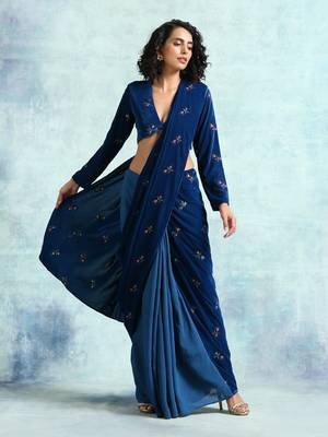 Blue Velvet Embroidered V-Neck Blouse 5