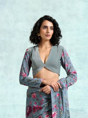 Grey Printed Sleeve Velvet Blouse 1