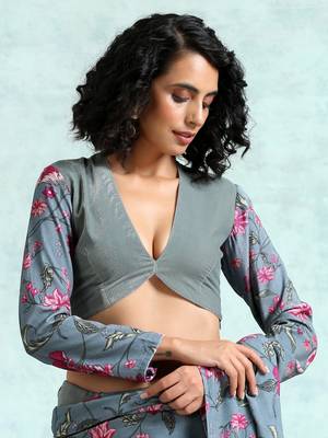Grey Printed Sleeve Velvet Blouse 2