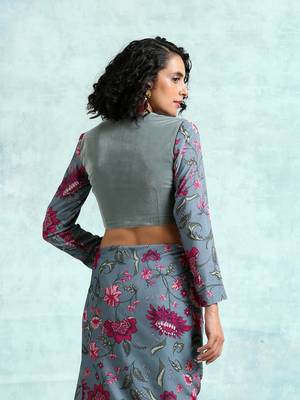 Grey Printed Sleeve Velvet Blouse 4