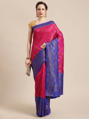 Magenta woven dupion silk saree with blouse 4