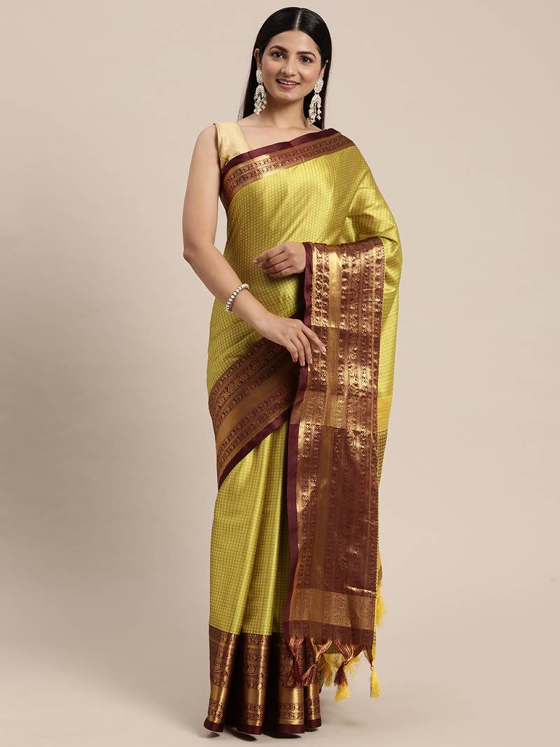 Light lemon woven cotton silk saree with blouse