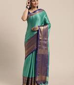 Turquoise woven cotton silk saree with blouse