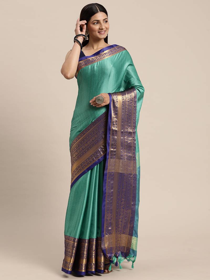 Turquoise woven cotton silk saree with blouse