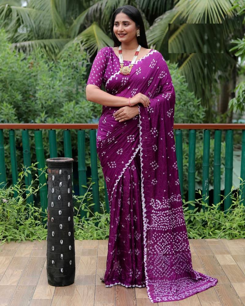 Purple Bandhani Silk Blend Saree