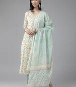 Turquoise embroidered cotton ethnic-kurtis