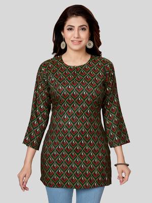 Green printed rayon short-kurtis 1