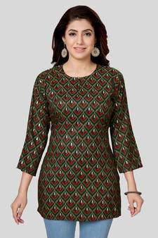 Green printed rayon short-kurtis
