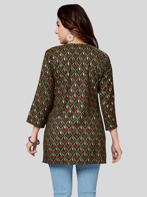 Green printed rayon short-kurtis 2