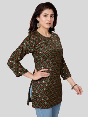 Green printed rayon short-kurtis 3