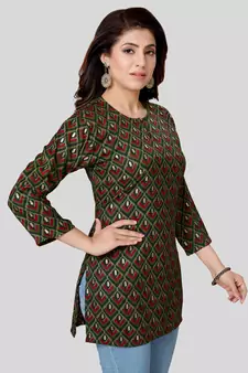 Green printed rayon short-kurtis