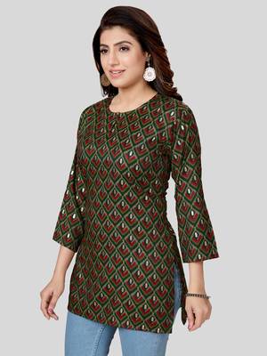 Green printed rayon short-kurtis 4
