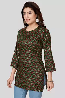 Green printed rayon short-kurtis