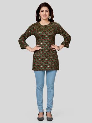 Green printed rayon short-kurtis 5
