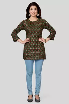Green printed rayon short-kurtis