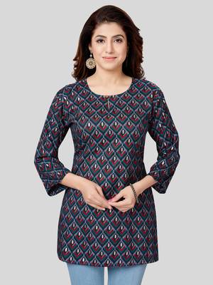 Navy-blue printed rayon short-kurtis 1
