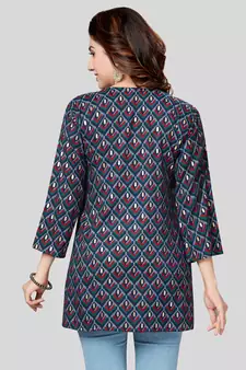 Navy-blue printed rayon short-kurtis