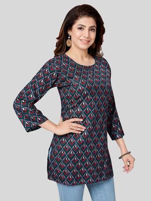 Navy-blue printed rayon short-kurtis 3