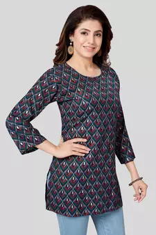 Navy-blue printed rayon short-kurtis
