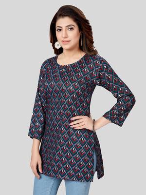 Navy-blue printed rayon short-kurtis 4