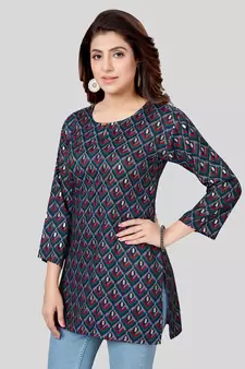 Navy-blue printed rayon short-kurtis