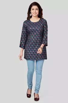 Navy-blue printed rayon short-kurtis