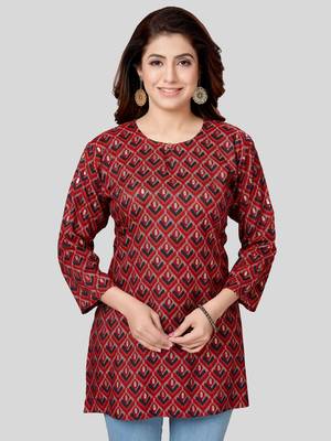 Red printed rayon short-kurtis 1
