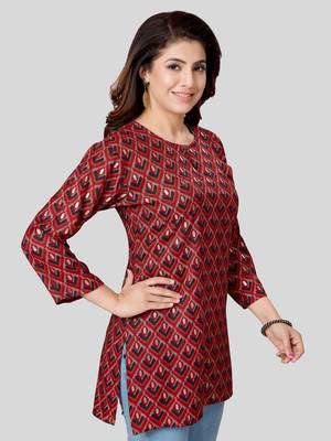 Red printed rayon short-kurtis 3