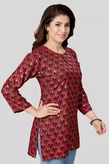 Red printed rayon short-kurtis